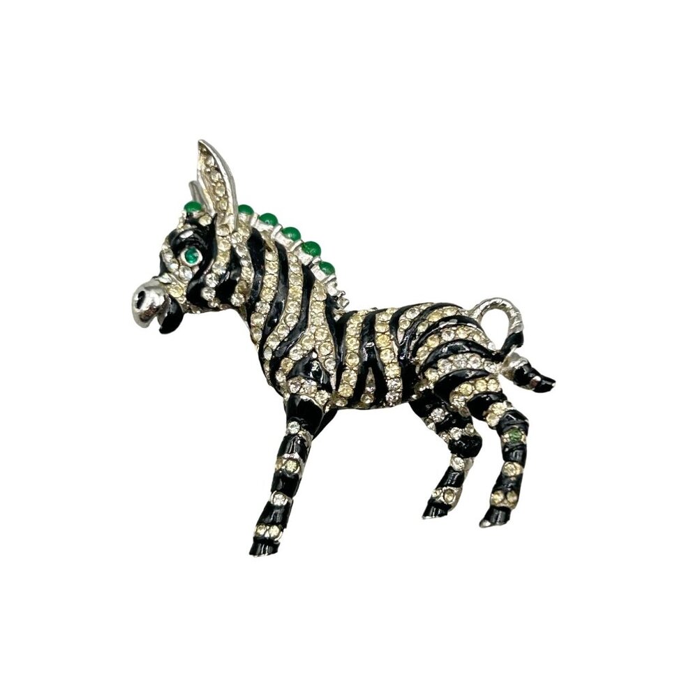 Vintage Ciner Zebra Donkey Brooch with Crystal Rhinestones & Green Accents